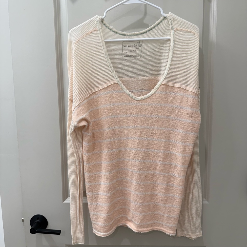 Free People We The Free Peach Stripe Gauzy Knit Pullover Top Size M Raw Hem